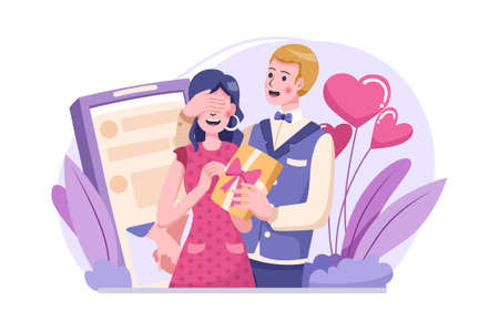 Portrait of a young couple giving surprise gift on their love anniversary illustrationのイラスト素材