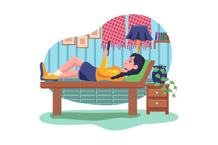 Smiling Young Woman Lying On Bed Listening To Music On Wireless Speakerのイラスト素材