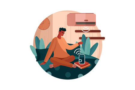 Man sitting on the bed using the Air conditioner and clock-controlled by speaker voiceのイラスト素材