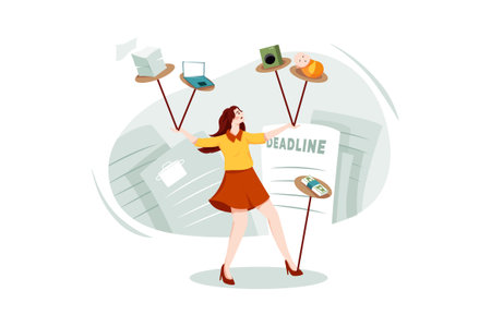 Businesswoman working at office. Businesswoman in office. Vector flat illustrationのイラスト素材