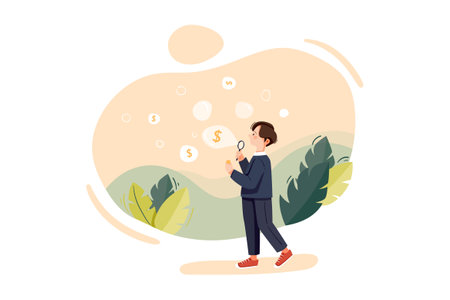 Businessman looking at money through magnifying glass. Concept of financial planning, investment, saving money. Vector illustration in flat cartoon styleのイラスト素材