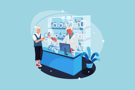 Pharmacist and customer buying medicine in pharmacy drugstore flat vector illustrationのイラスト素材