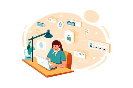 Female employee working on data security Illustrationのイラスト素材