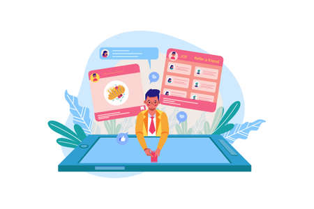 Refer a friend concept with a man holding a phone with a list of his friends contacts.のイラスト素材