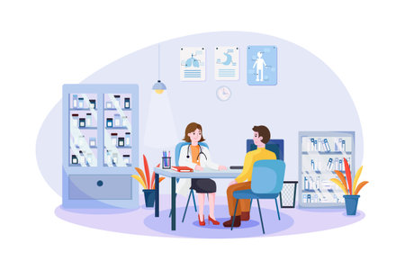 Pharmacy concept in flat design. Man and woman sitting in front of pharmacy cabinet. Vector illustrationのイラスト素材