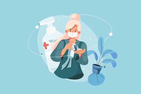 Vector illustration of a woman in a medical mask disinfects her hands with a sanitizer.のイラスト素材