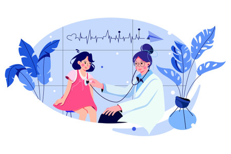 Doctor with a stethoscope examining a little girl, flat vector illustration.のイラスト素材