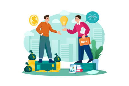 Businessman and businesswoman characters. Businessman and businesswoman stand on top of pile of money with lightbulb, coins and banknote. Vector flat illustrationのイラスト素材