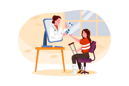 Female Patient Visiting Doctor in Clinic Flat Vector Illustration. Nurse Giving Treatment to Patientのイラスト素材