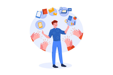 Concept of social media, digital marketing, online advertising. Young man with hands up. Flat vector illustration.のイラスト素材