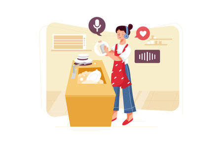 Cleaning service flat color vector faceless character. Washing dishes. Housewife in apron. Housewife at work isolated cartoon illustration for web graphic design and animationのイラスト素材
