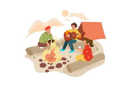 Camping with friends flat vector illustration isolated on white background. Young men and women sitting near campfire and playing guitar.のイラスト素材