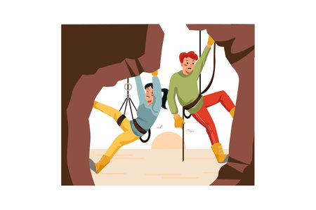 Male and female climber hanging on a rope. Climbing concept. Vector illustration in a flat styleのイラスト素材