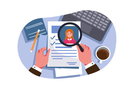 Searching for job with magnifying glass flat vector illustration. Human resources concept.のイラスト素材