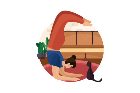 Yoga at home abstract concept vector illustration. Woman doing yoga at home with cat.のイラスト素材