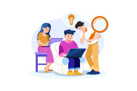 Group of people sitting on sofa and working on laptop. Vector illustrationのイラスト素材