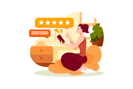 Customer review concept in flat design. Young woman is sitting on the floor with a phone in her hands.のイラスト素材