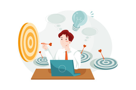 Businessman with target and laptop. Successful business concept. Vector illustrationのイラスト素材