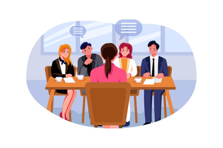 Business meeting in conference room semi flat RGB color vector illustration. Group of people sitting at table and communicating isolated cartoon characters on white backgroundのイラスト素材