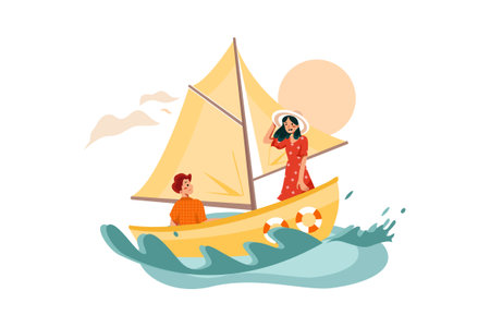 Young woman and man sailing on a sailboat in the sea. Vector illustrationのイラスト素材