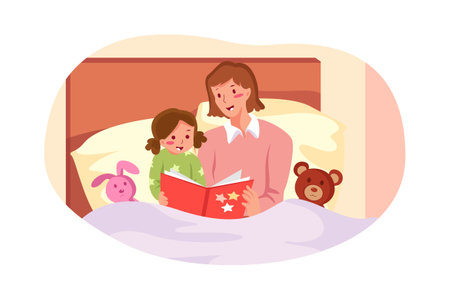 Mother and daughter reading book in bed flat vector illustration. Cartoon mother and daughter having fun together. Parenting concept for banner, website design or landing web pageのイラスト素材