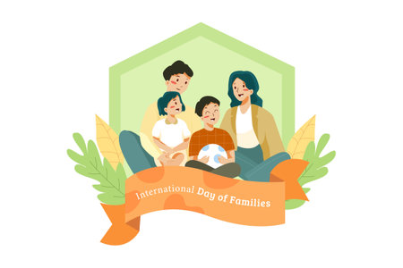 Happy family. Mother, father, son and daughter sitting on the grass. Vector illustrationのイラスト素材