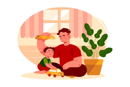 Father and son playing together at home. Happy family spending time together flat vector illustration. Fatherhood, childhood concept for banner, website design or landing web pageのイラスト素材