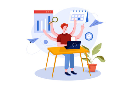 Man sitting at desk with laptop and charts. Business concept. Vector illustration in a flat styleのイラスト素材