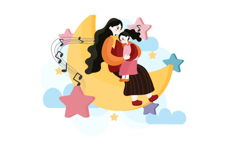 Mother and daughter hugging on the moon. Happy family concept. Vector illustrationのイラスト素材