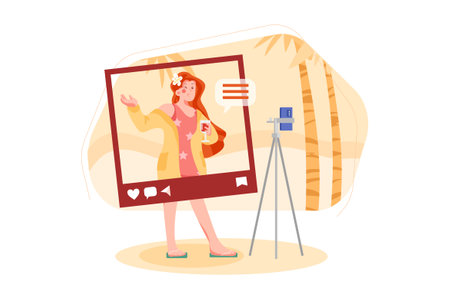 Woman Video Blogger Recording Video About Summer Holidays, Travel and Vacation Cartoon Style Vector Illustrationのイラスト素材
