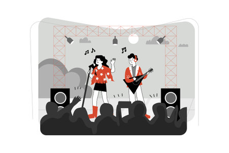 Rock band performing live at concert. Vector illustration in flat style.のイラスト素材