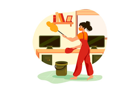 Housewife cleaning floor with brush and bucket. Housekeeping concept. Flat vector illustration.のイラスト素材