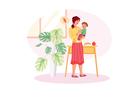 Mother and child eating healthy food together at home flat vector illustration. Cartoon mother and child having fun together at home. Motherhood, parenting conceptのイラスト素材