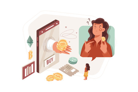 Mobile banking concept in isometric flat design. Young woman with smartphone and money. Vector illustration.のイラスト素材