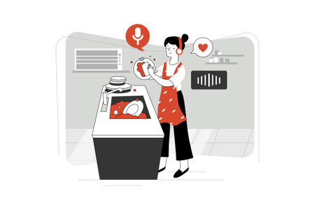 Laundry service flat concept vector illustration. Woman in apron doing washing machine at home.のイラスト素材