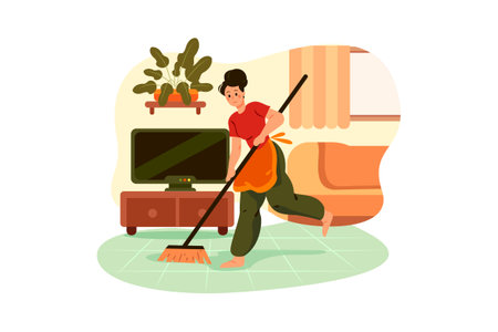 Man Cleaning Floor with Mop at Home. Male Housekeeper Cleaning Floor with Vacuum Cleaner Flat Vector Illustrationのイラスト素材