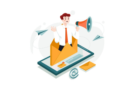 Online marketing isometric concept. Businessman with megaphone and envelope.のイラスト素材