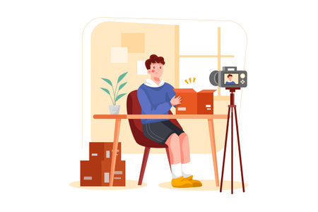 Blogger recording video for blog or vlog. Blogger with camera on tripod. Man working at home. Vector illustration in flat cartoon styleのイラスト素材