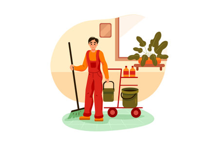 Cleaning service flat color vector faceless character. Man in overalls and mop cleaning floor at home.のイラスト素材