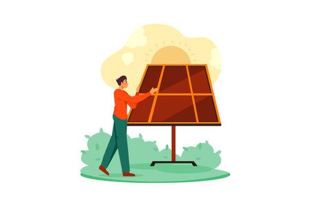 Man with solar panel. Alternative energy source. Vector illustration in a flat styleのイラスト素材