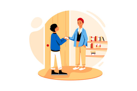 Father and son greeting each other at home, flat vector illustration.のイラスト素材