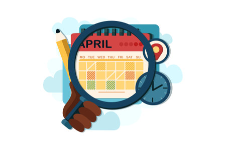 Flat design vector illustration concept of planning schedule. Calendar, pencil, clock, magnifying glass.のイラスト素材