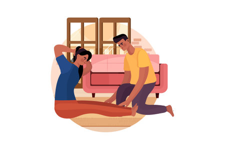 Man and woman relaxing at home flat color vector faceless characters. Man and woman sitting on the floor in living roomのイラスト素材