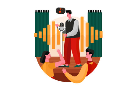 Radio host concept illustration in flat design. Radio host with microphone on stage.のイラスト素材