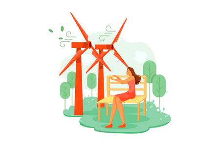 Ecology and environment concept in flat design. Woman sitting on bench with wind turbines.のイラスト素材