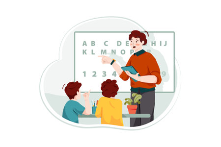 Teacher and students. Teacher and students in classroom. Vector illustrationのイラスト素材