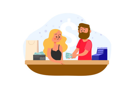 Couple at the cashier counter. Vector illustration in a flat styleのイラスト素材
