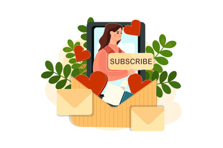 Vector illustration of a girl in a box with a sign with the inscription subscribe.のイラスト素材