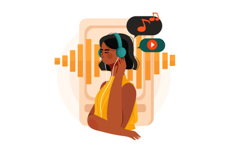 Young african american woman listening to music with headphones. Flat vector illustration.のイラスト素材