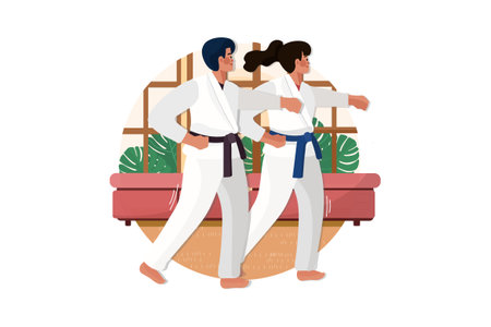 Martial arts training, karate man and woman in kimono training at home vector illustrationのイラスト素材